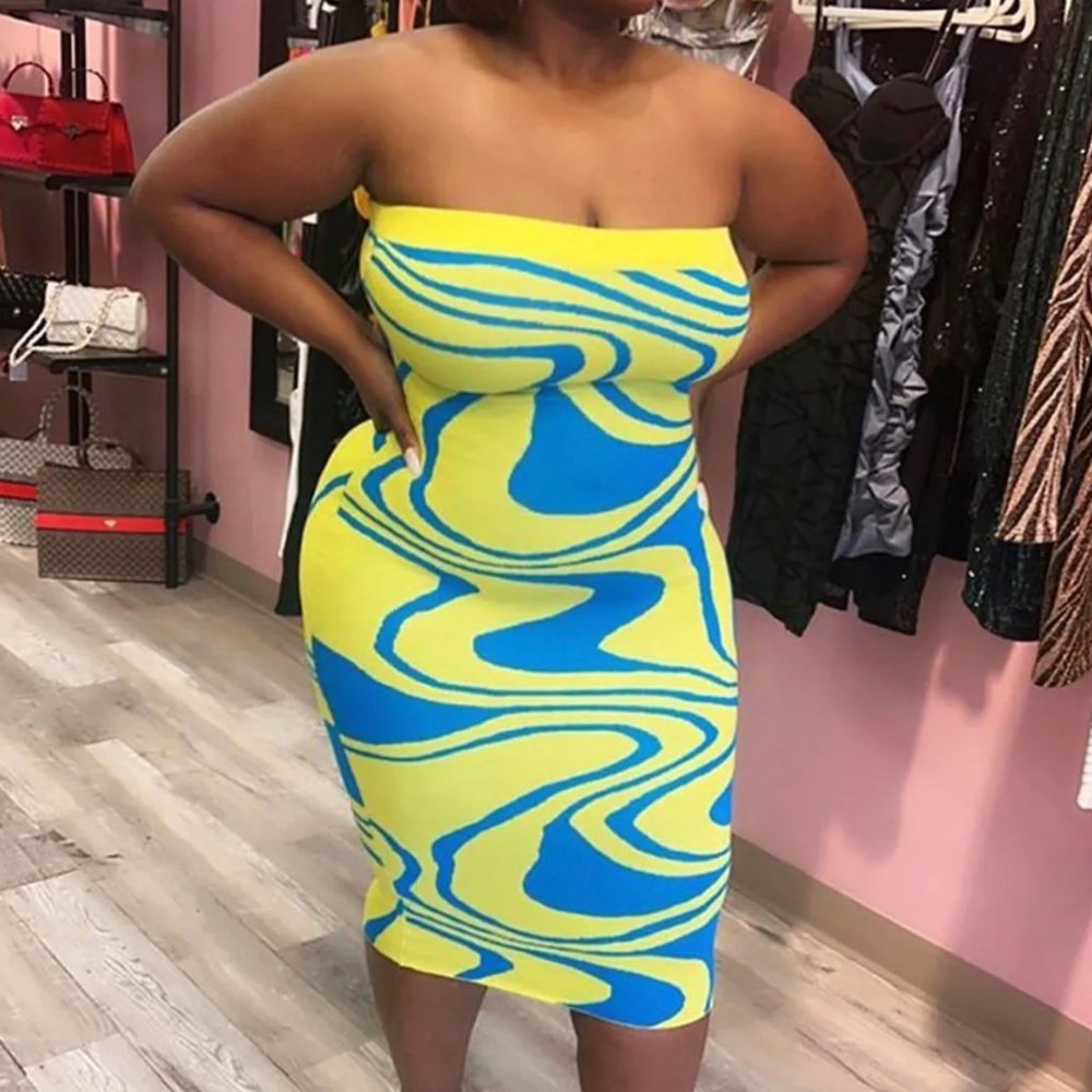 Women Bodycon Strapless Dress Large Yellow Blue Midi Stretch Backless